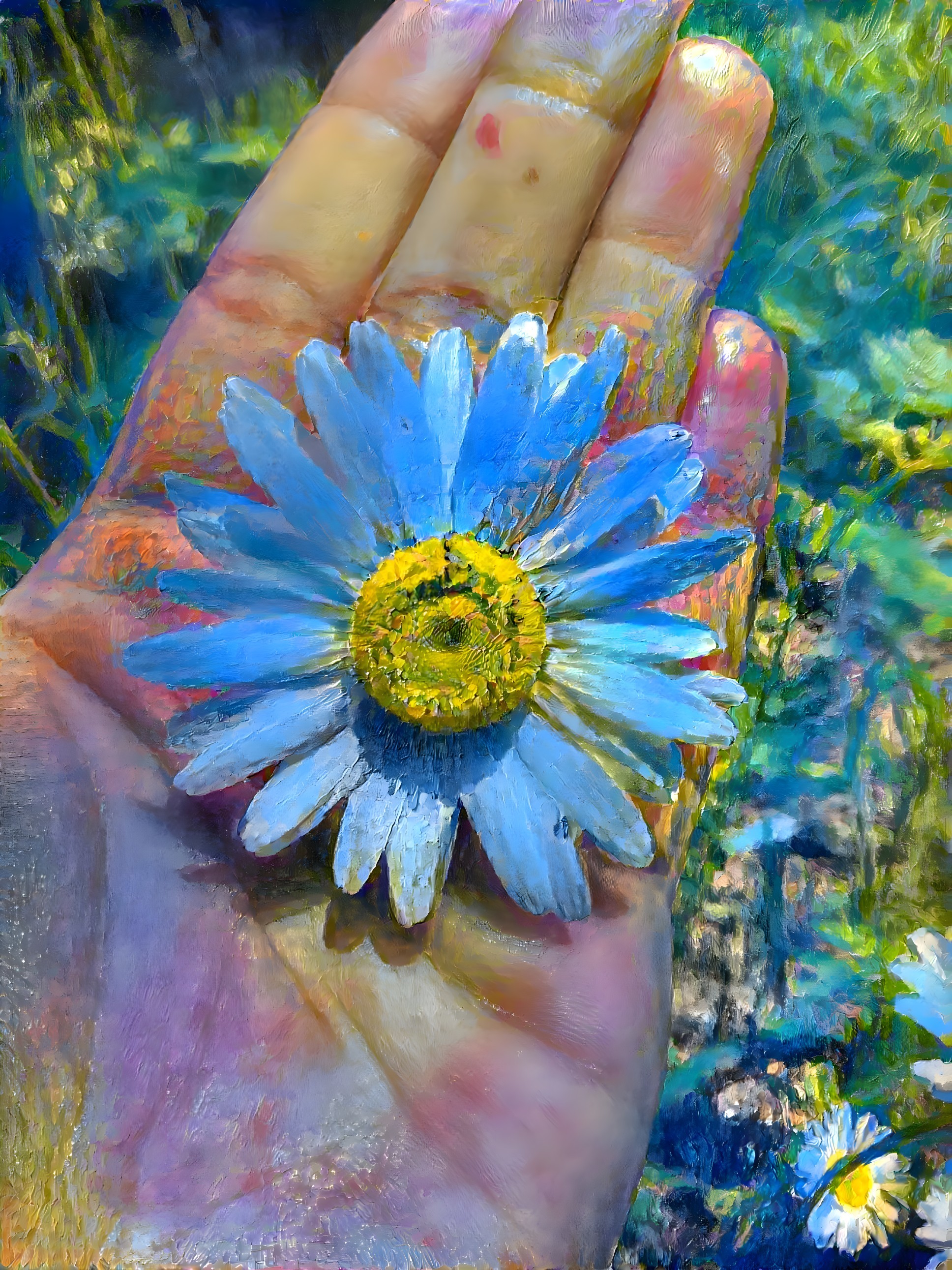 Colorful Hand Holding Blue Daisy in Impressionistic Style