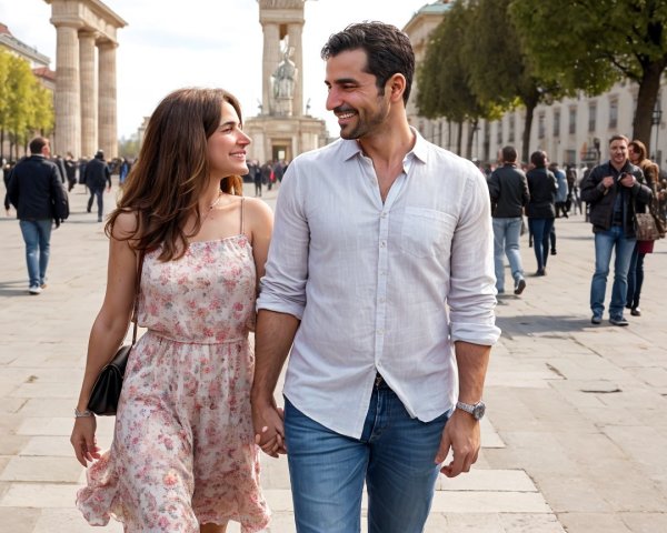 Couple Walking Hand in Hand on a Sunny Street