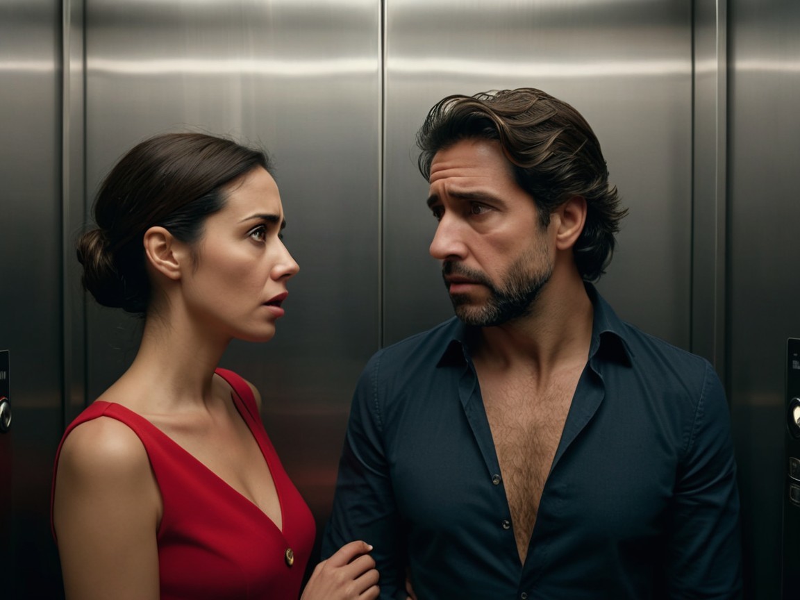 Tense Encounter in a Dimly Lit Elevator Scene