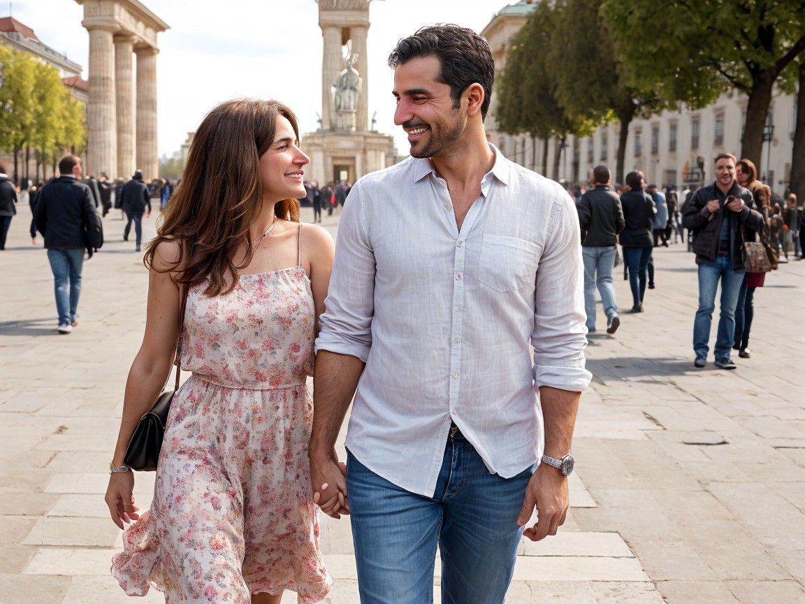 Couple Walking Hand in Hand on a Sunny Street