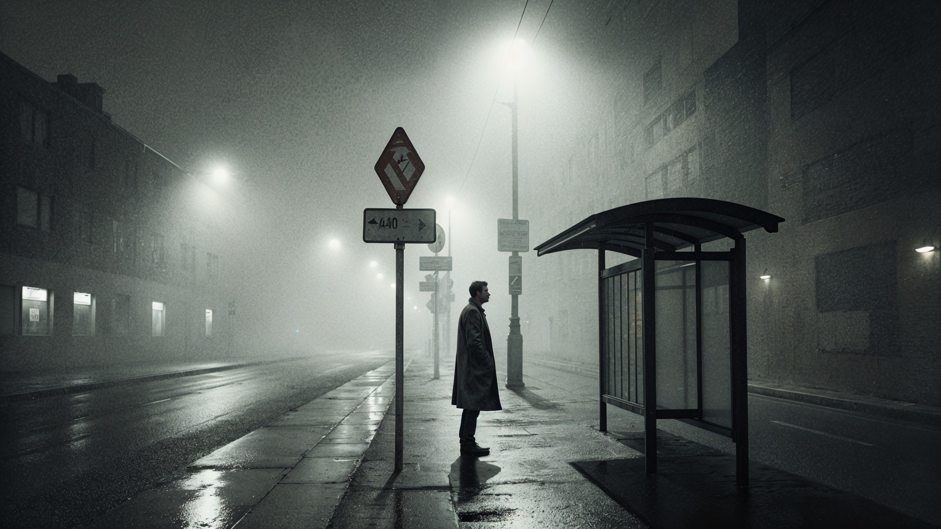 Solitary Figure at Bus Stop in Foggy Urban Scene