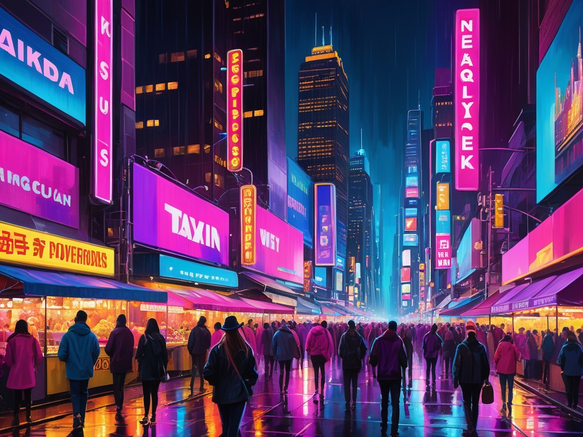 Vibrant Urban Night Scene with Neon Lights and Crowds