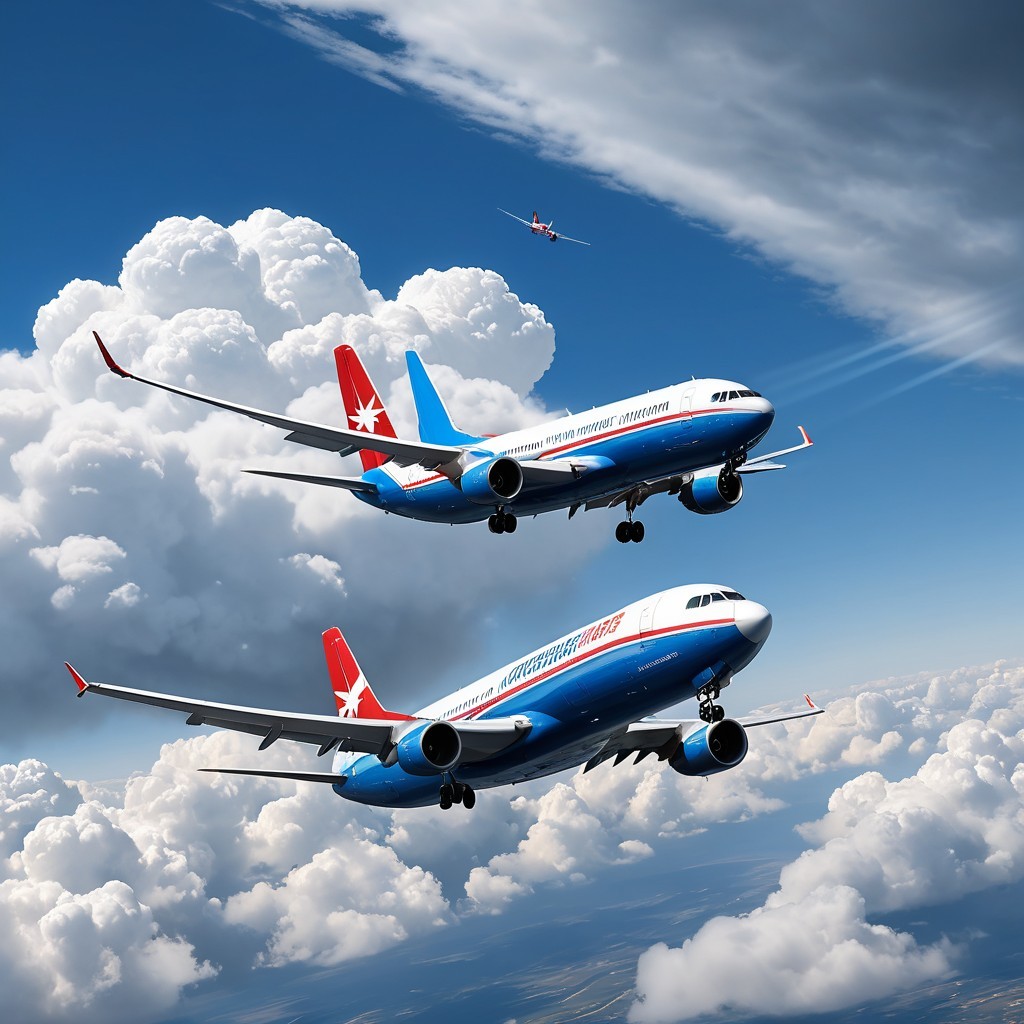 Commercial jets in blue sky with fluffy clouds