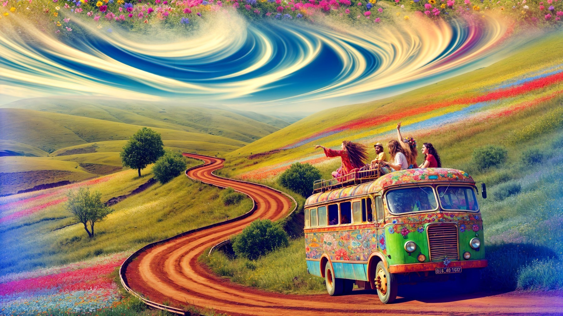 Colorful Vintage Bus on Winding Road with Friends