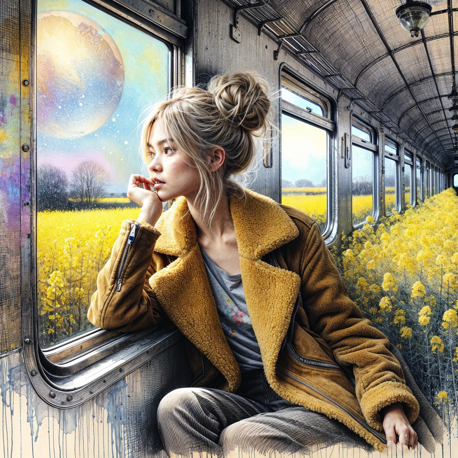 Young Woman in Cozy Jacket Gazes from Train Window