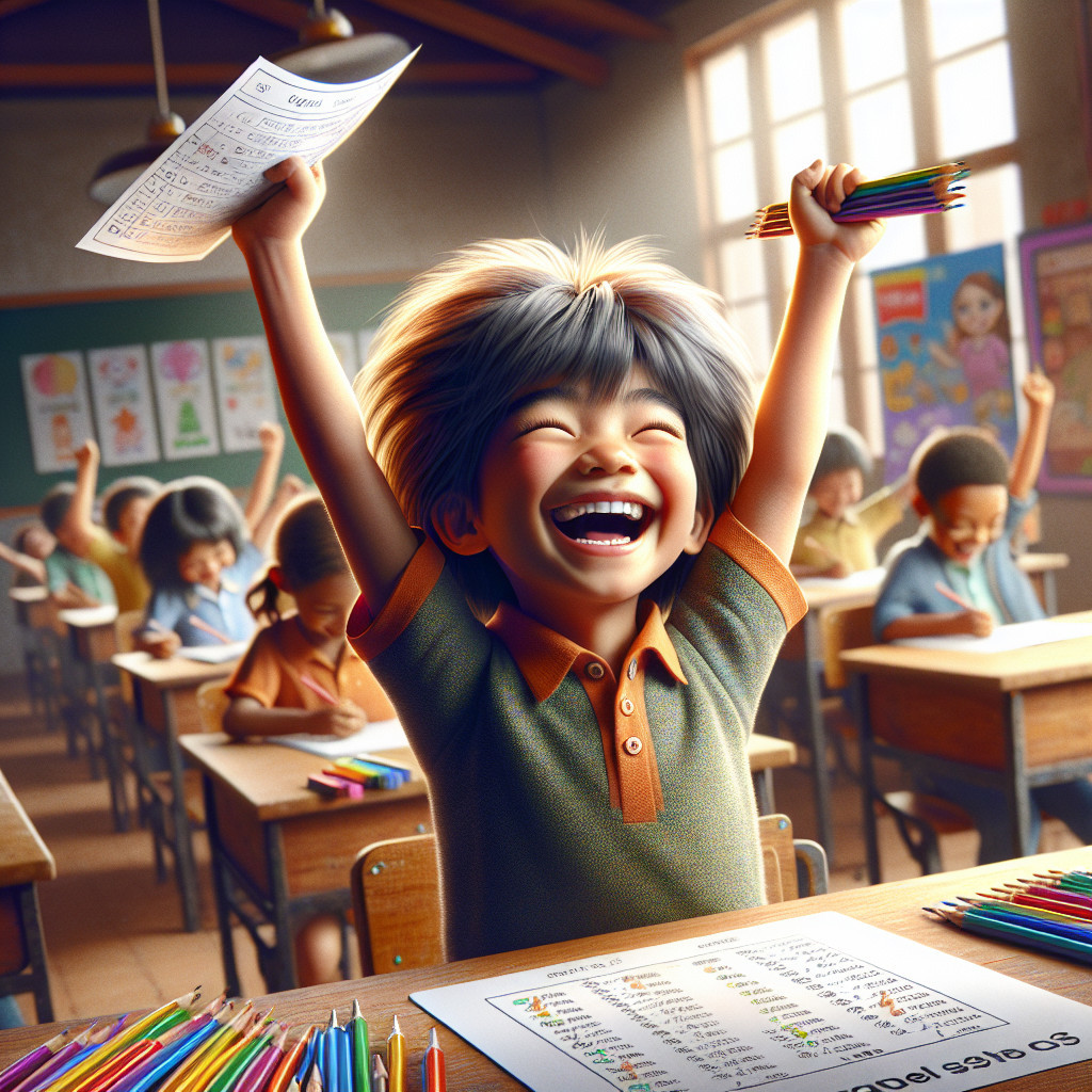 Joyful Classroom Scene with Celebrating Boy and Classmates