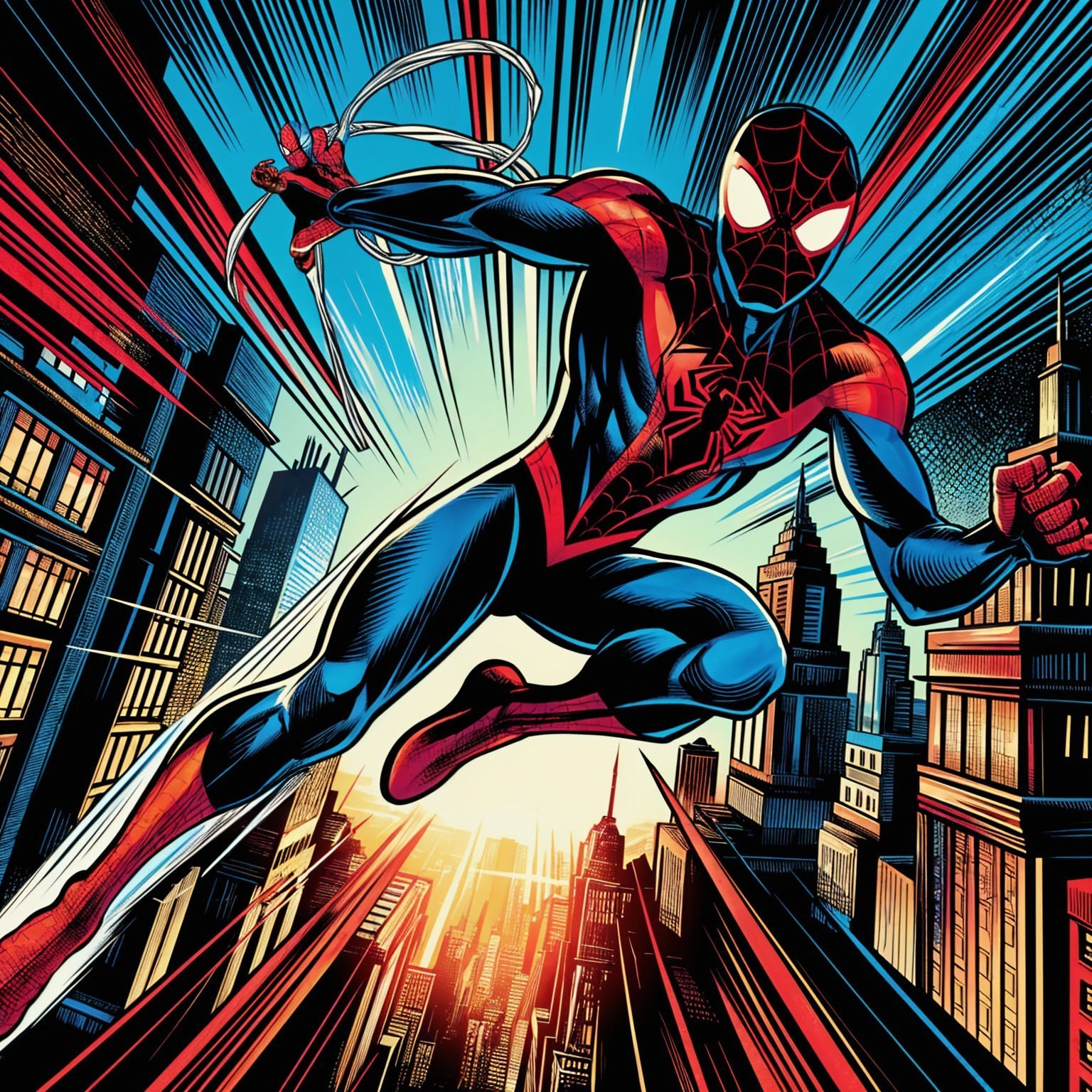 Superhero Flying in Vibrant Cityscape Illustration