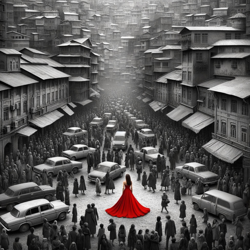 Monochrome Cityscape with Vintage Cars and Red Dress