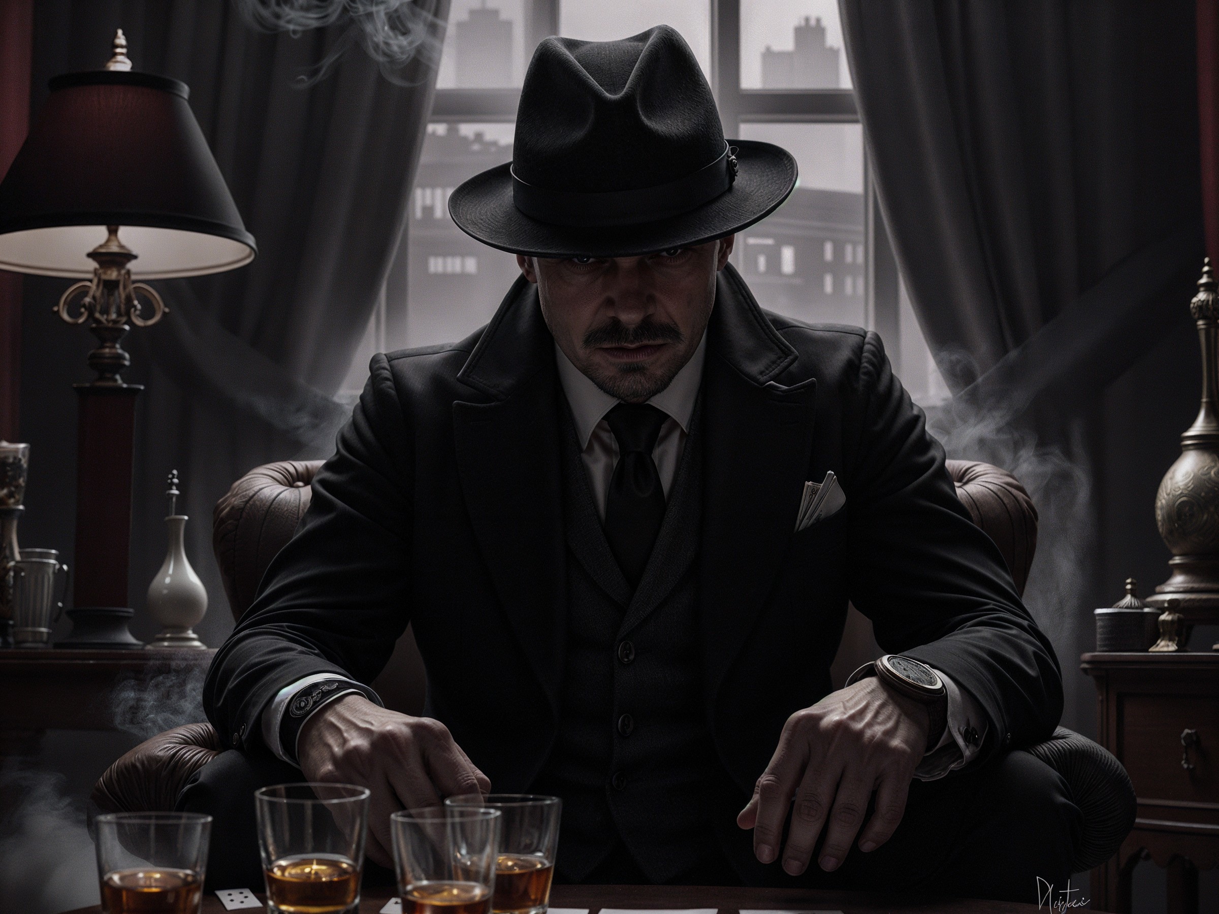 Man in Black Suit in Dimly Lit Room with Drinks