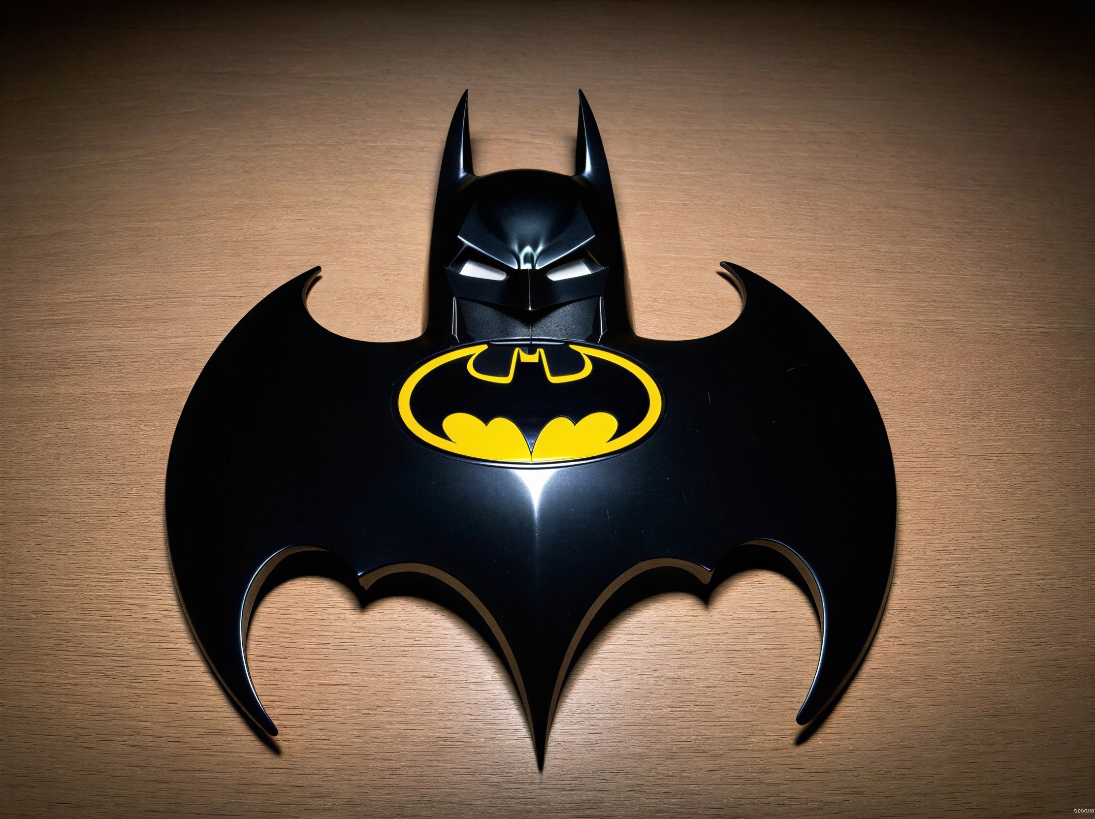 Black Batman Mask with Yellow Logo on Wooden Tabletop