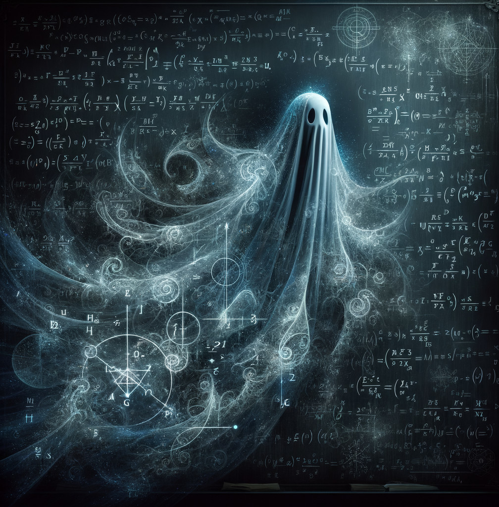 Whimsical Ghost Against Dark Chalkboard of Equations