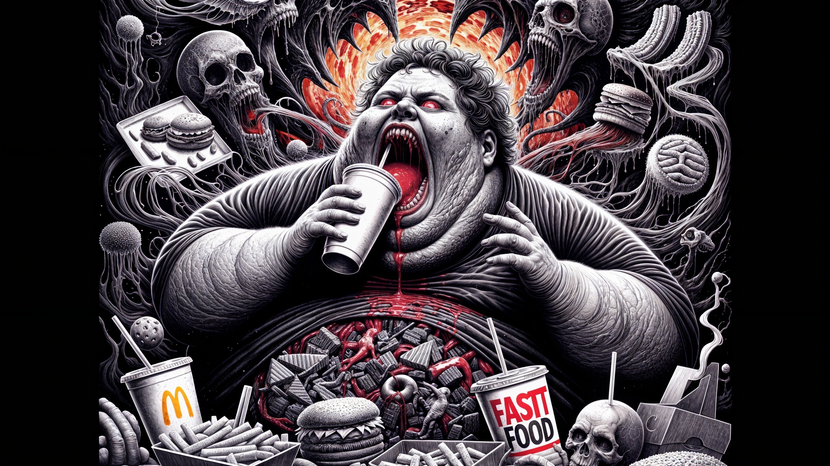 Grotesque Figure Consuming Fast Food Amid Skulls