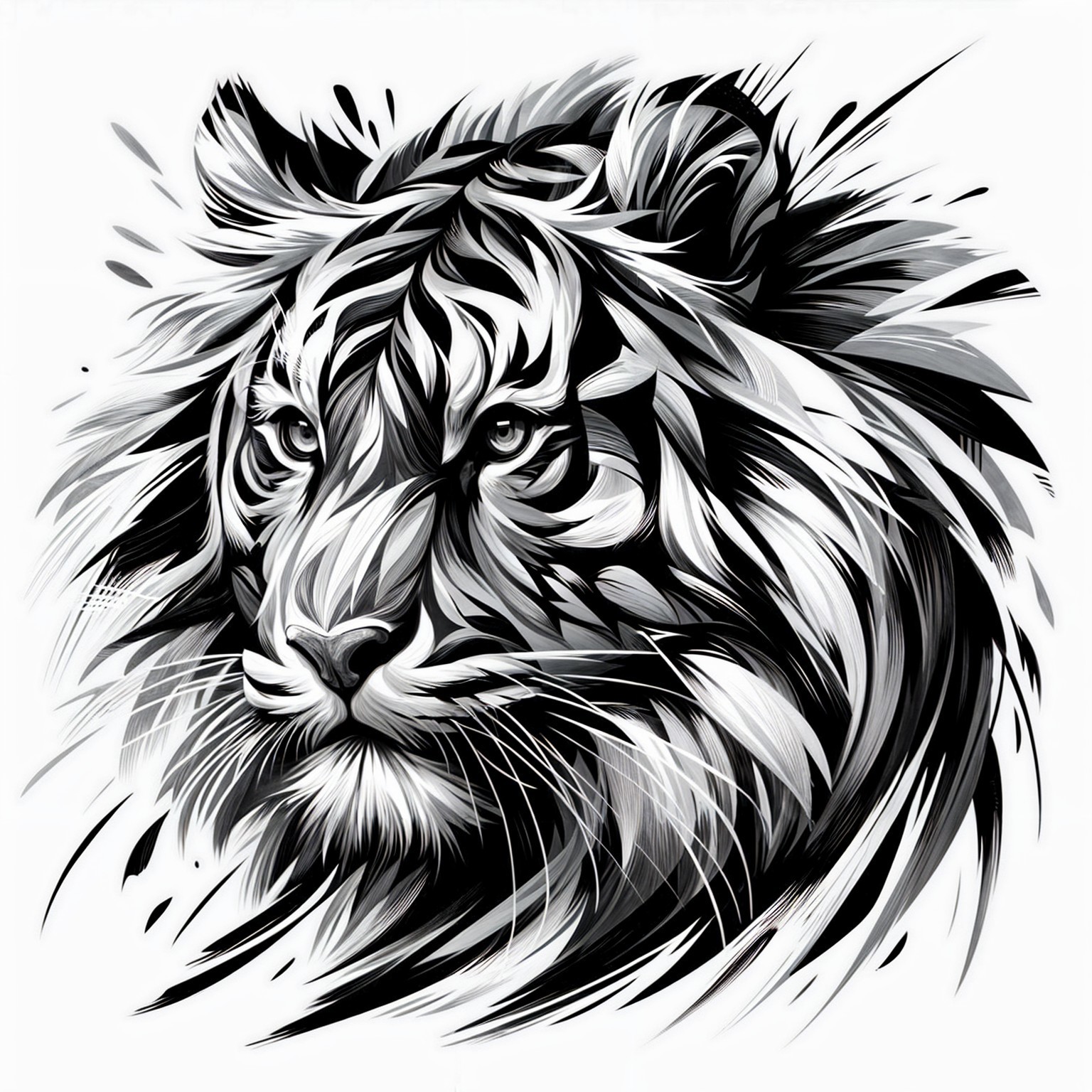 Black and White Illustration of a Tiger's Head