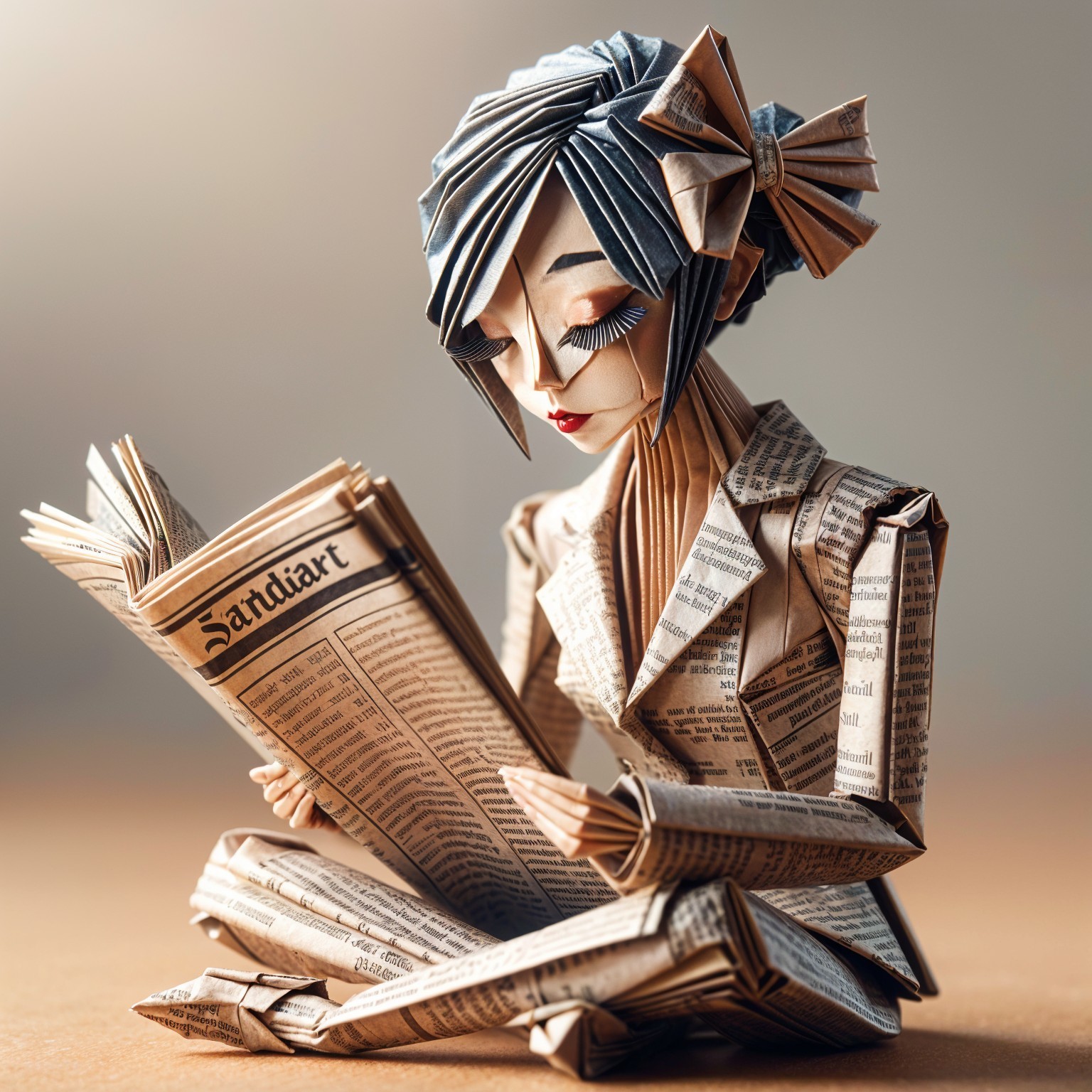 Paper Artwork of Woman Reading Newspaper in Detail