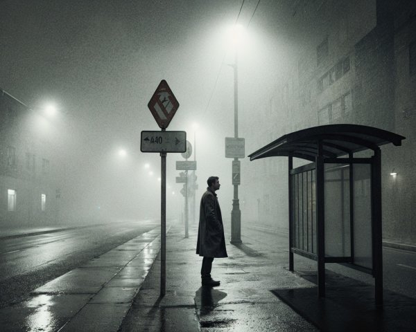 Solitary Figure at Bus Stop in Foggy Urban Scene