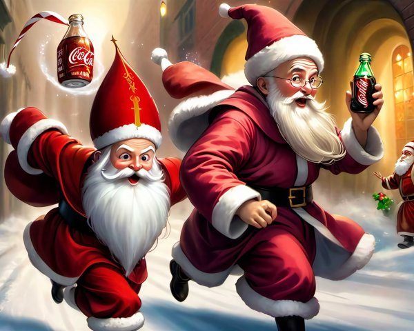 Cheerful Santas in Winter Wonderland Scene with Coca-Cola