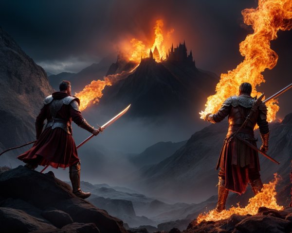 Warriors in Armor with Flaming Swords at Volcano Castle