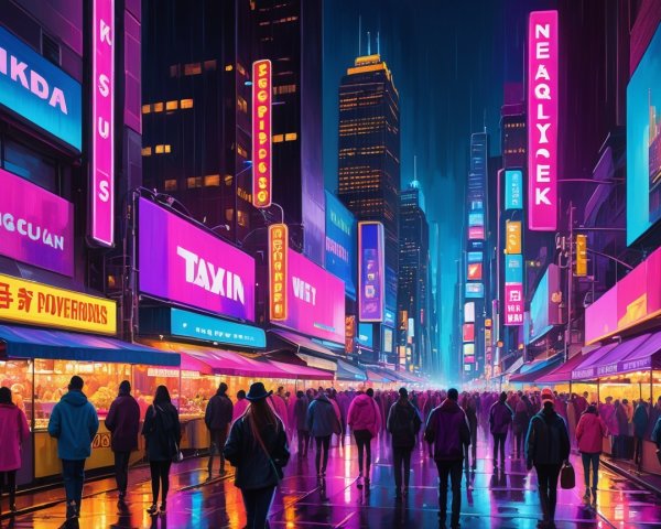 Vibrant Urban Night Scene with Neon Lights and Crowds