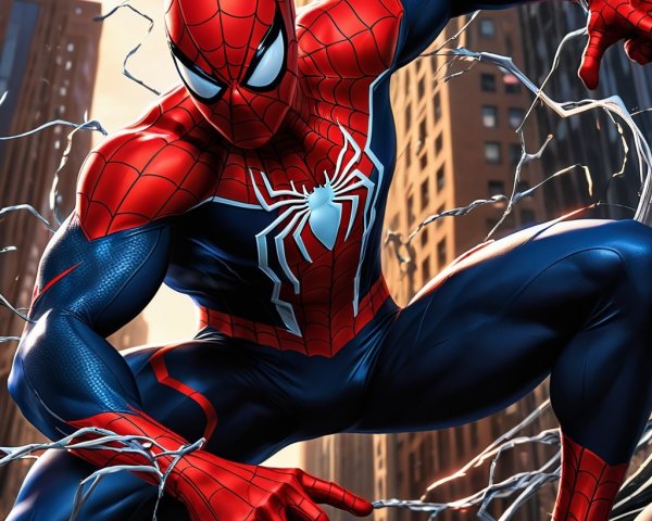 Spider-Man in Red and Blue Costume Against Cityscape