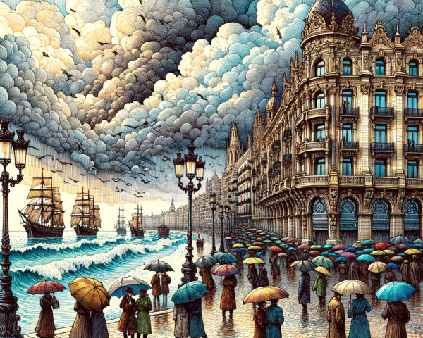 Waterfront Scene with Elegant Figures and Ships