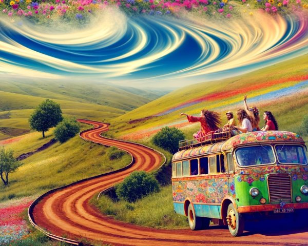 Colorful Vintage Bus on Winding Road with Friends