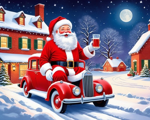 Santa Claus in Vintage Car on Snowy Road Scene