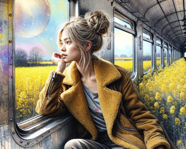 Young Woman in Cozy Jacket Gazes from Train Window