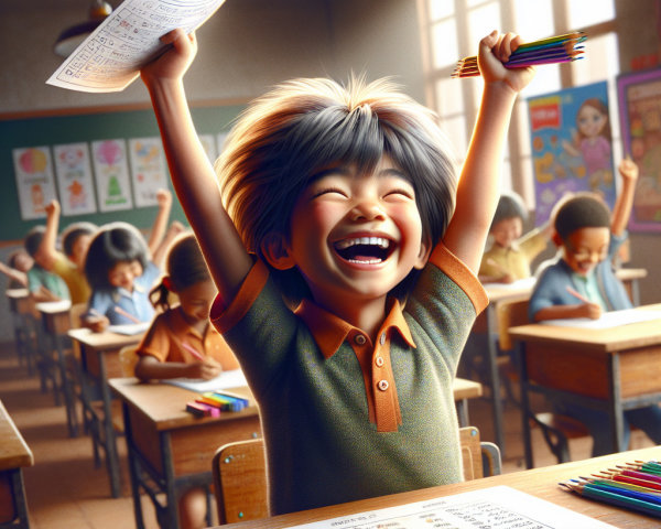 Joyful Classroom Scene with Celebrating Boy and Classmates