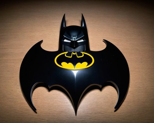 Black Batman Mask with Yellow Logo on Wooden Tabletop