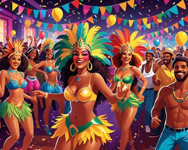 Vibrant Carnival Scene with Colorful Dancers and Festivities