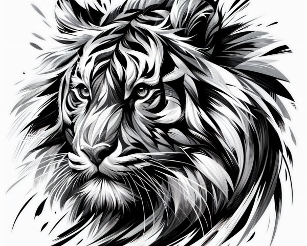 Black and White Illustration of a Tiger's Head