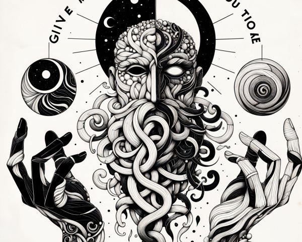 Central figure with cosmic motifs and bold text