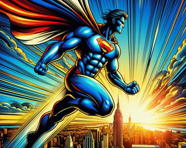 Superhero Flying Over Skyline at Sunset