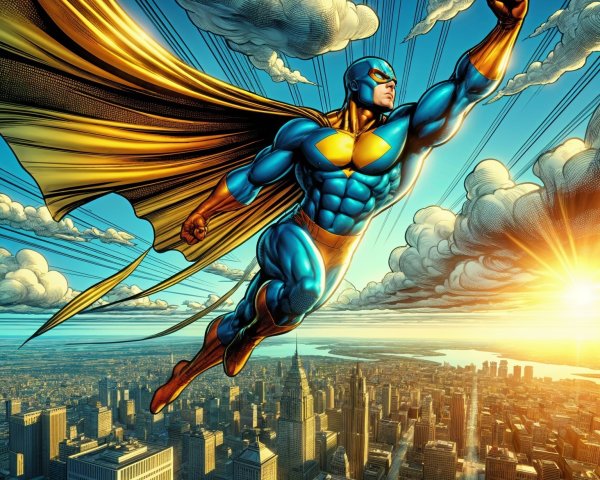 Superhero in Blue and Yellow Costume Over City Skyline