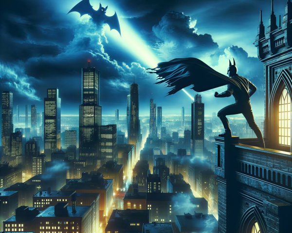 Batman on Gothic Rooftop Overlooking City at Night