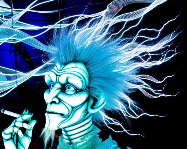 Stylized character with blue hair and glowing designs