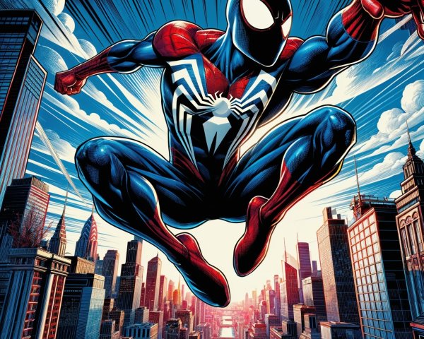 Vibrant Superhero Illustration Over City Skyline