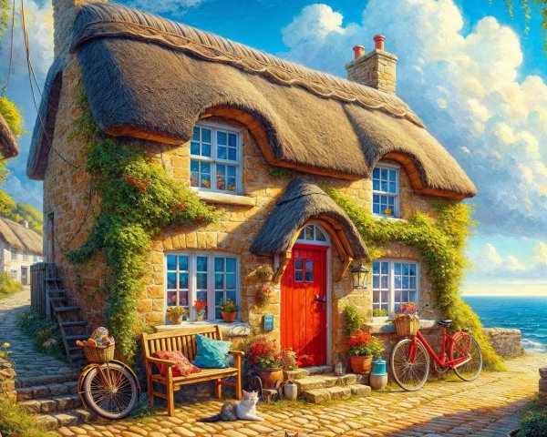 Seaside Cottage with Thatched Roof and Colorful Garden