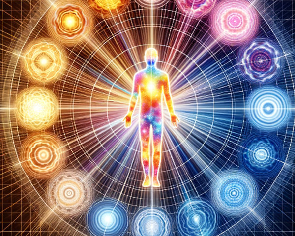 Radiant Figure Surrounded by Vibrant Glowing Orbs