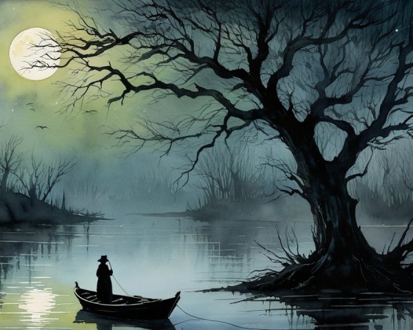 Solitary Figure in Boat on Misty Moonlit Lake