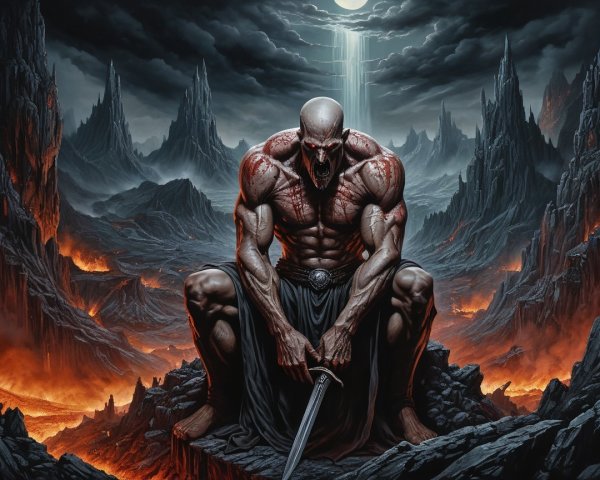 Warrior in Fiery Landscape with Sword and Mountains