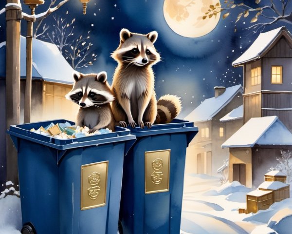Playful Raccoons on Blue Bins Under Moonlit Sky