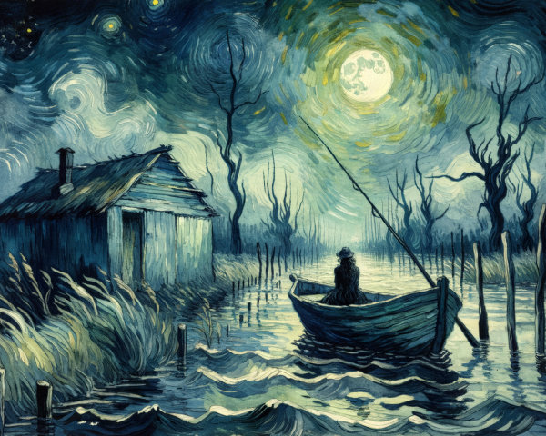 Serene Night Scene with Rustic House and Waterway