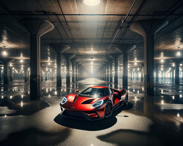 Red Sports Car in Dramatic Industrial Setting