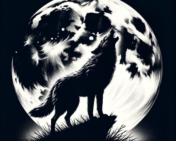 Black-and-white wolf silhouette howling at a moon