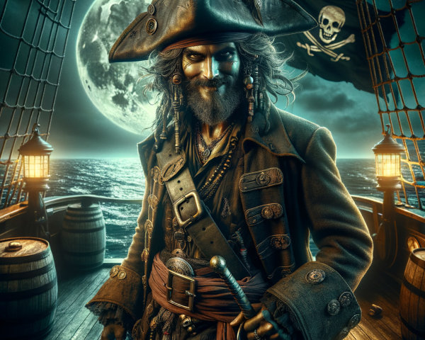Pirate on Ship Deck Under Full Moon at Night