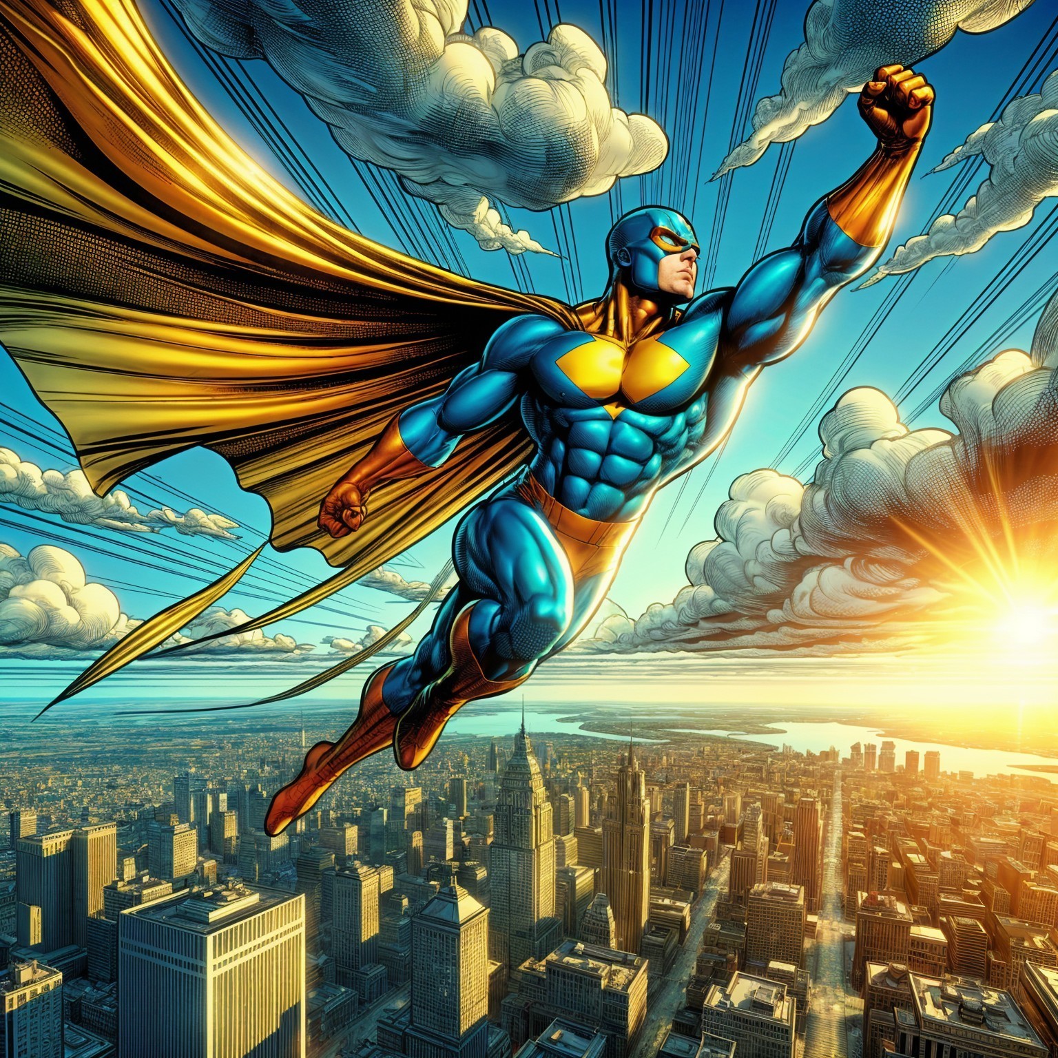 Superhero in Blue and Yellow Costume Over City Skyline