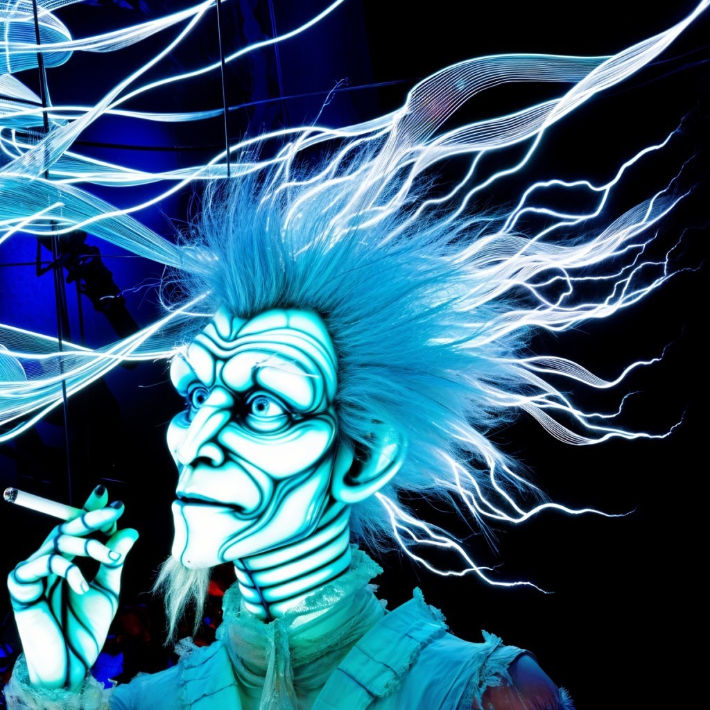 Stylized character with blue hair and glowing designs