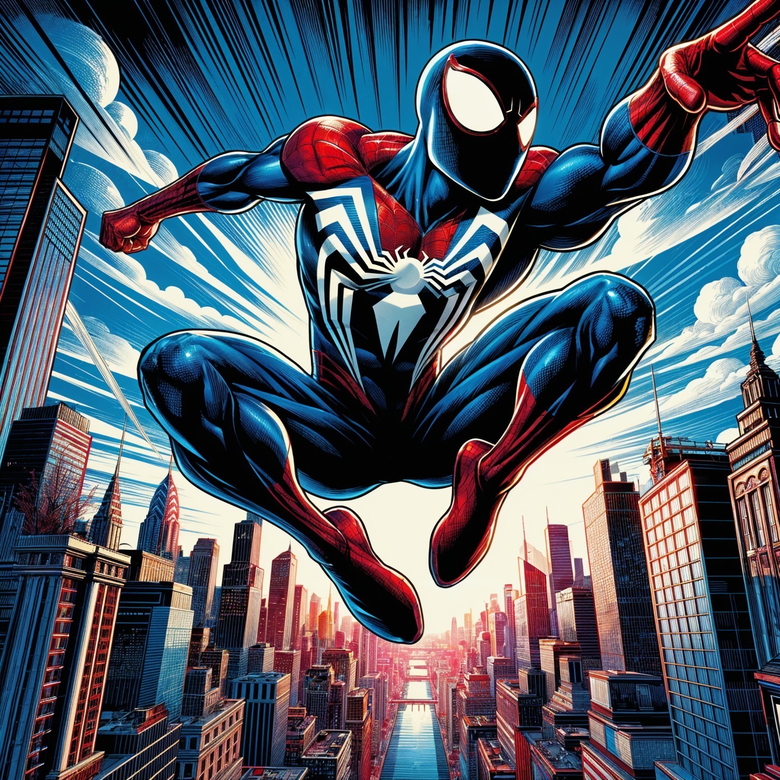 Vibrant Superhero Illustration Over City Skyline