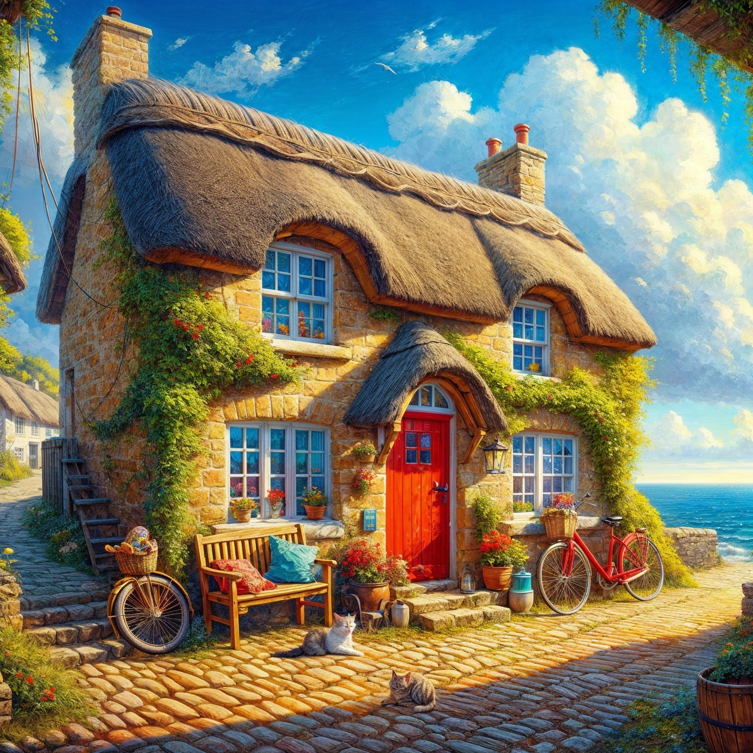 Seaside Cottage with Thatched Roof and Colorful Garden